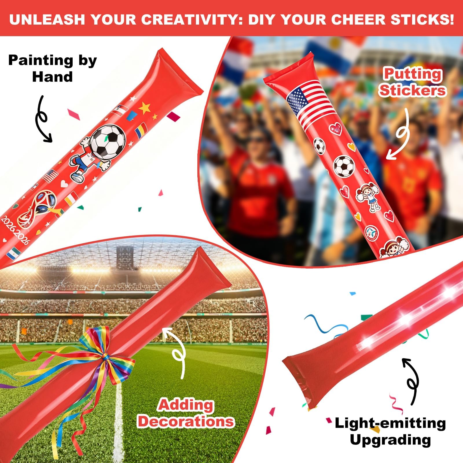 ZenNex 60-Pack Red Inflatable Thunder Sticks – Individually Wrapped PE Cheering Noise Makers for Sports, Parties & Celebrations