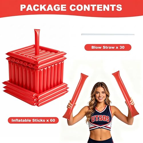 ZenNex 60-Pack Red Inflatable Thunder Sticks – Individually Wrapped PE Cheering Noise Makers for Sports, Parties & Celebrations