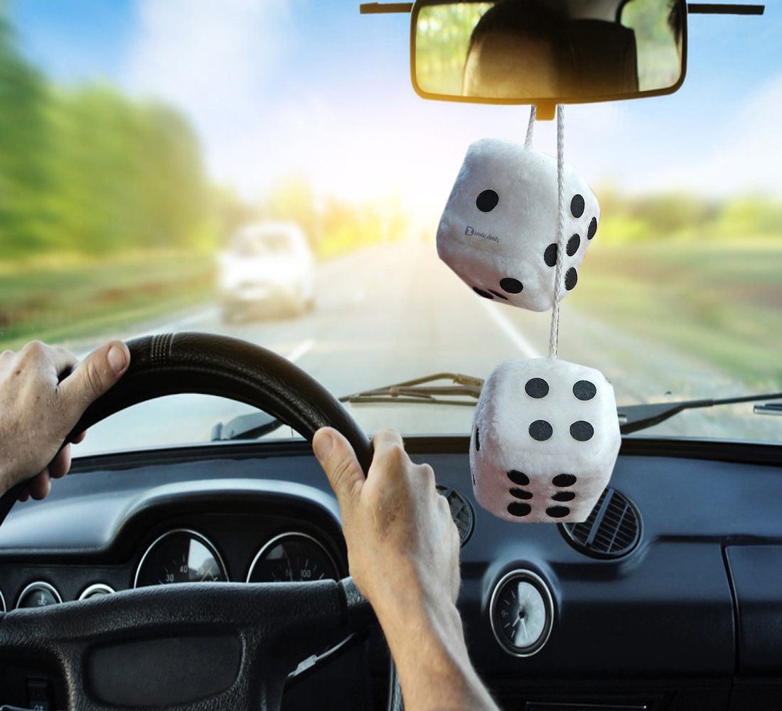 Zento Deals Hanging White Fuzzy Dice with Black Dots - Pair of Retro Plush Car Dice