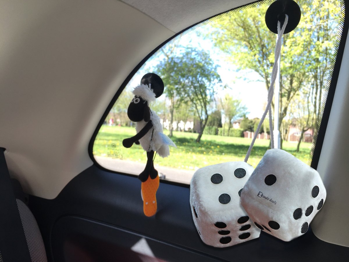 Zento Deals Hanging White Fuzzy Dice with Black Dots - Pair of Retro Plush Car Dice