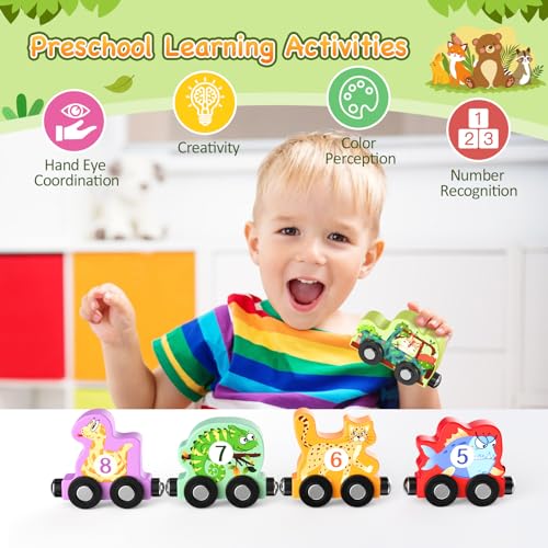 Zeoddler 11-Piece Magnetic Wooden Animal Train Set – Montessori Numbers & Animals for Toddlers