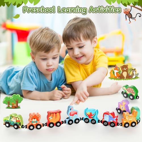 Zeoddler 11-Piece Magnetic Wooden Animal Train Set – Montessori Numbers & Animals for Toddlers