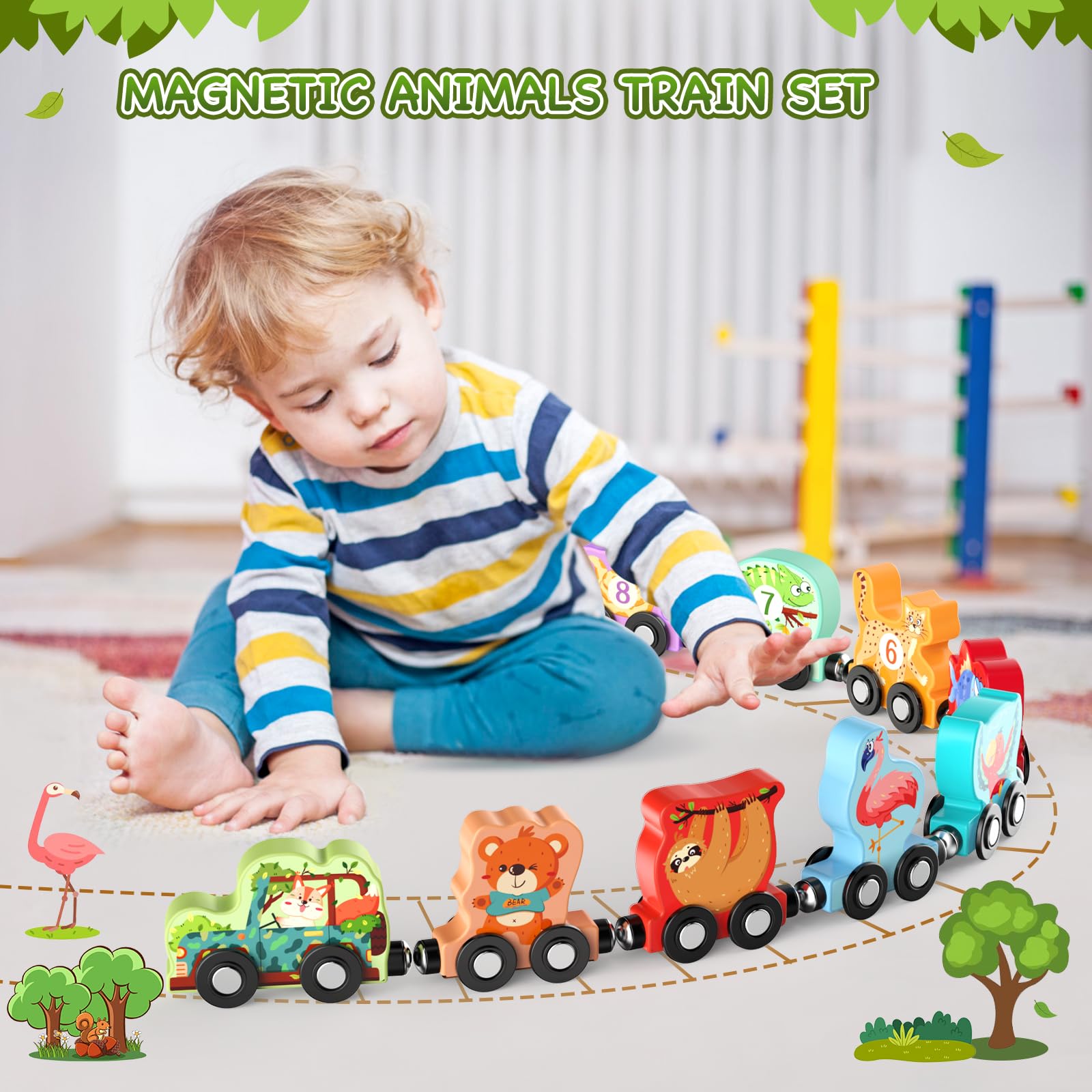 Zeoddler 11-Piece Magnetic Wooden Animal Train Set – Montessori Numbers & Animals for Toddlers