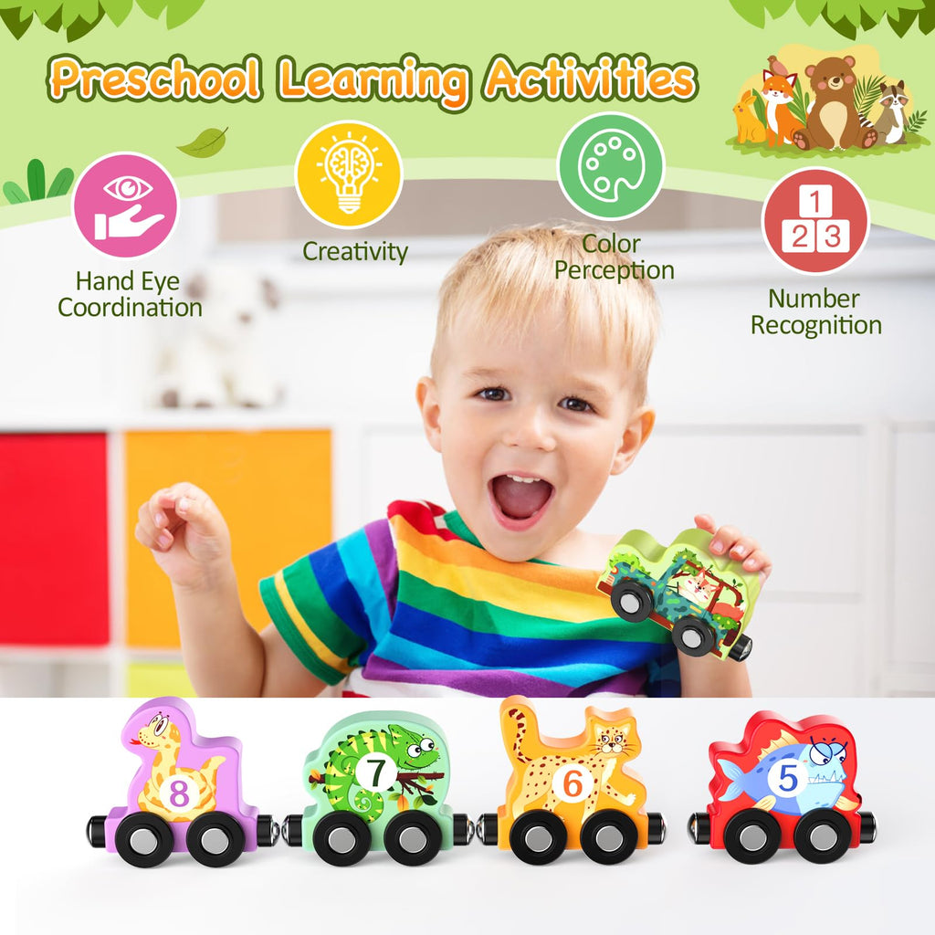 Zeoddler 11-Piece Magnetic Wooden Animal Train Set – Montessori Numbers & Animals for Toddlers