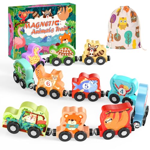 Zeoddler 11-Piece Magnetic Wooden Animal Train Set – Montessori Numbers & Animals for Toddlers
