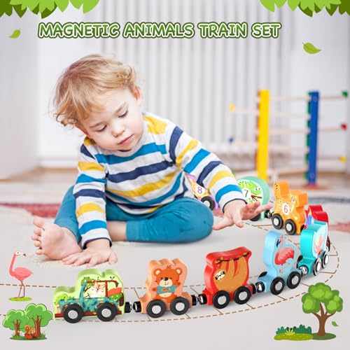 Zeoddler 11-Piece Magnetic Wooden Animal Train Set – Montessori Numbers & Animals for Toddlers