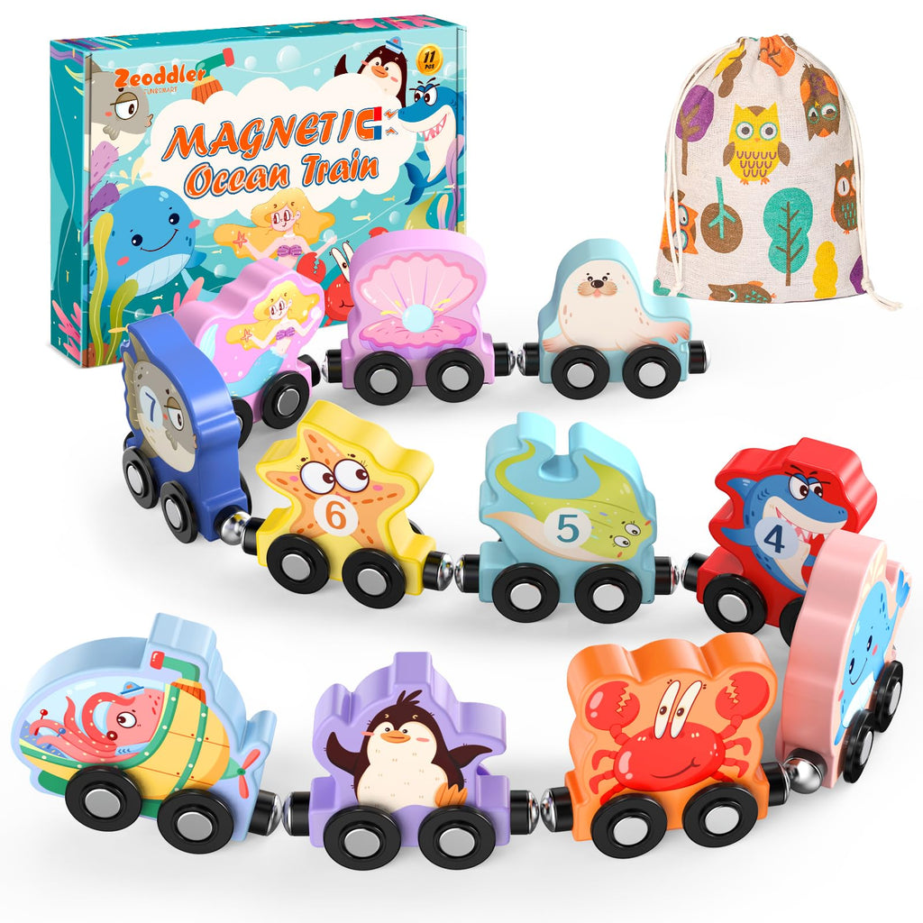 Zeoddler 11-Piece Magnetic Wooden Sea Animal Train Set for Toddlers – Montessori Educational Toy with Numbers 0-10
