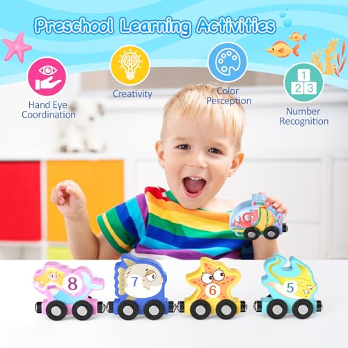 Zeoddler 11-Piece Magnetic Wooden Sea Animal Train Set for Toddlers – Montessori Educational Toy with Numbers 0-10