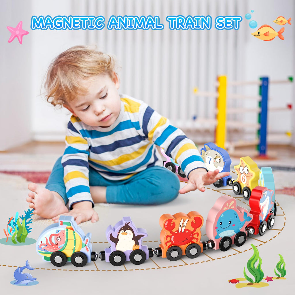 Zeoddler 11-Piece Magnetic Wooden Sea Animal Train Set for Toddlers – Montessori Educational Toy with Numbers 0-10