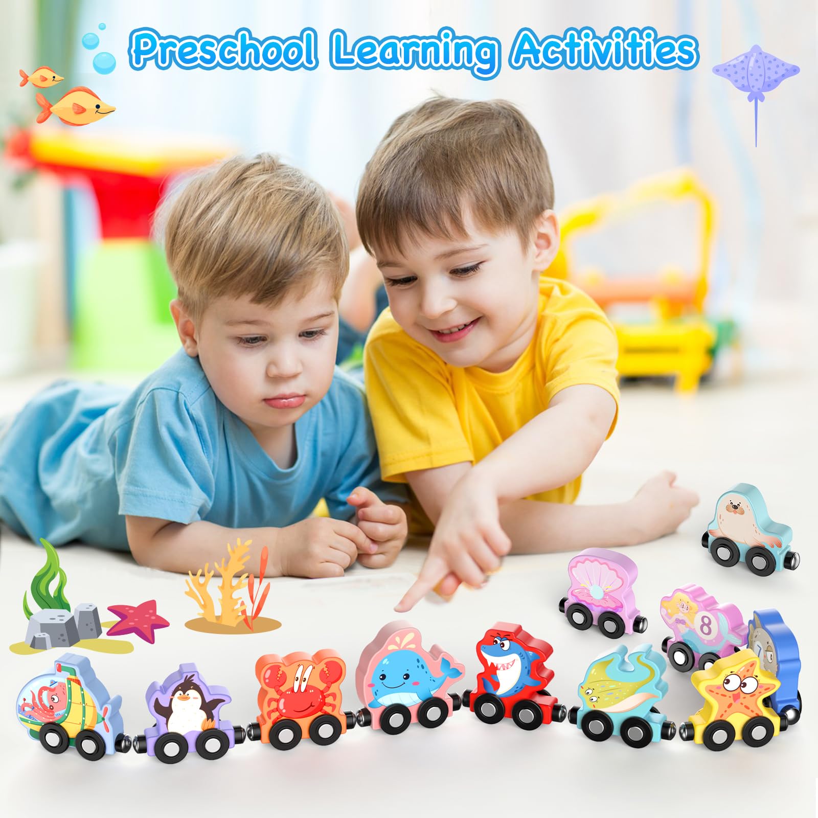 Zeoddler 11-Piece Magnetic Wooden Sea Animal Train Set for Toddlers – Montessori Educational Toy with Numbers 0-10