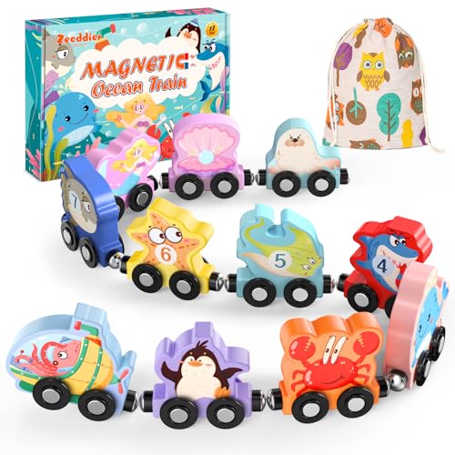 Zeoddler 11-Piece Magnetic Wooden Sea Animal Train Set for Toddlers – Montessori Educational Toy with Numbers 0-10