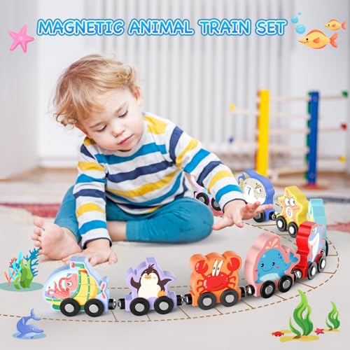 Zeoddler 11-Piece Magnetic Wooden Sea Animal Train Set for Toddlers – Montessori Educational Toy with Numbers 0-10