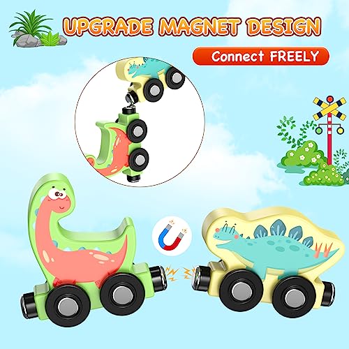 Zeoddler Magnetic Wooden Dinosaur Train Set – 11 Pieces with Numbers 0-10, Storage Bag, Montessori Toy for Toddlers
