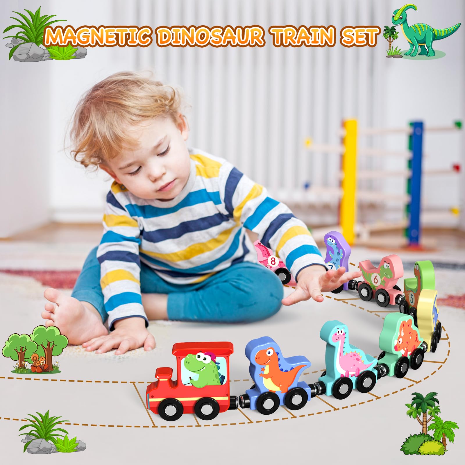 Zeoddler Magnetic Wooden Dinosaur Train Set – 11 Pieces with Numbers 0-10, Storage Bag, Montessori Toy for Toddlers