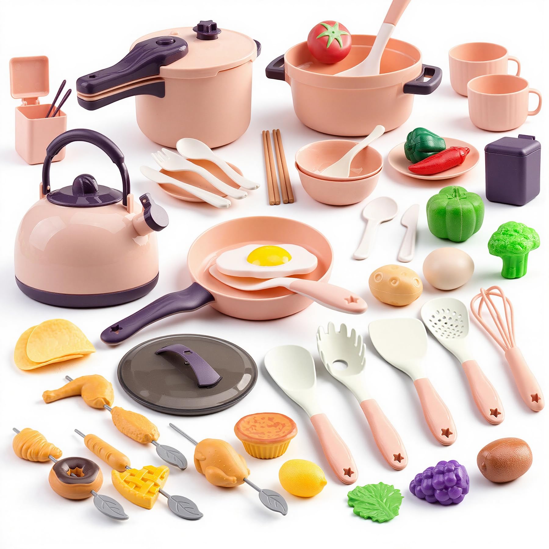 Zero Zoo 60-Piece Kids Play Kitchen Set – Pretend Cooking Toys with Cookware, Tableware, Food & BBQ Accessories, Pink