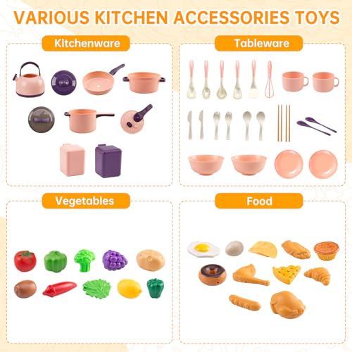 Zero Zoo 60-Piece Kids Play Kitchen Set – Pretend Cooking Toys with Cookware, Tableware, Food & BBQ Accessories, Pink