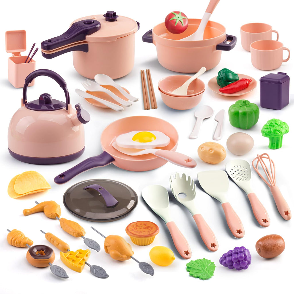 Zero Zoo 60-Piece Kids Play Kitchen Set – Pretend Cooking Toys with Cookware, Tableware, Food & BBQ Accessories, Pink