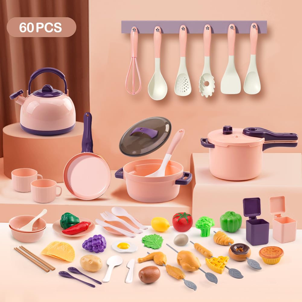 Zero Zoo 60-Piece Kids Play Kitchen Set – Pretend Cooking Toys with Cookware, Tableware, Food & BBQ Accessories, Pink