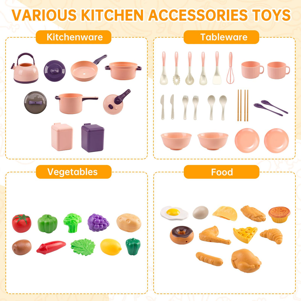 Zero Zoo 60-Piece Kids Play Kitchen Set – Pretend Cooking Toys with Cookware, Tableware, Food & BBQ Accessories, Pink