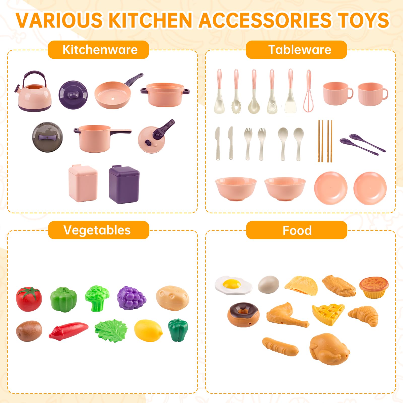 Zero Zoo 60-Piece Kids Play Kitchen Set – Pretend Cooking Toys with Cookware, Tableware, Food & BBQ Accessories, Pink