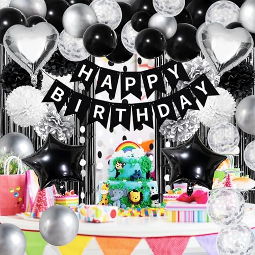 ZERODECO Black White Birthday Party Decorations Kit - Banner, Pompoms, Balloons, Arch Strip, Fringe Curtains