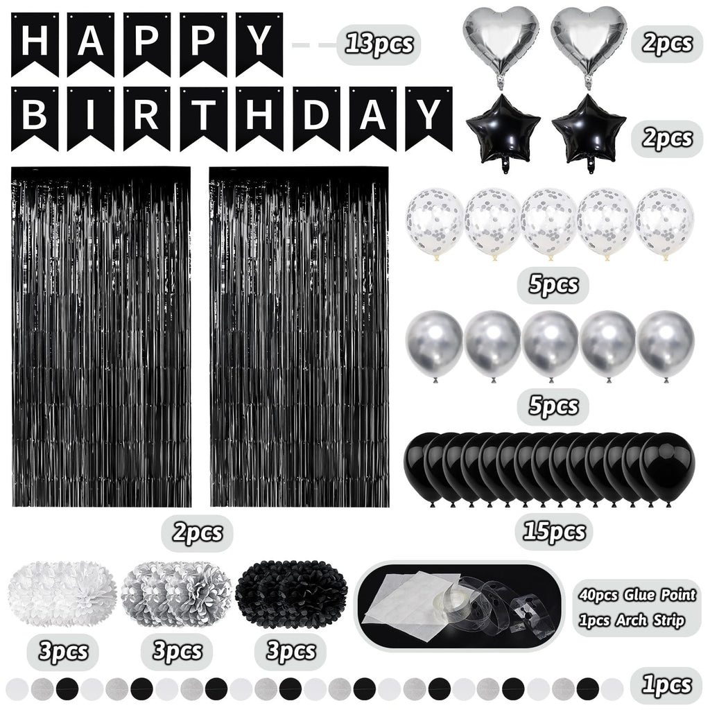 ZERODECO Black White Birthday Party Decorations Kit - Banner, Pompoms, Balloons, Arch Strip, Fringe Curtains