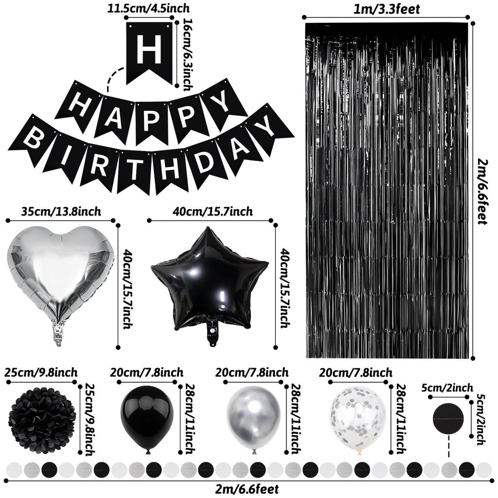 ZERODECO Black White Birthday Party Decorations Kit - Banner, Pompoms, Balloons, Arch Strip, Fringe Curtains