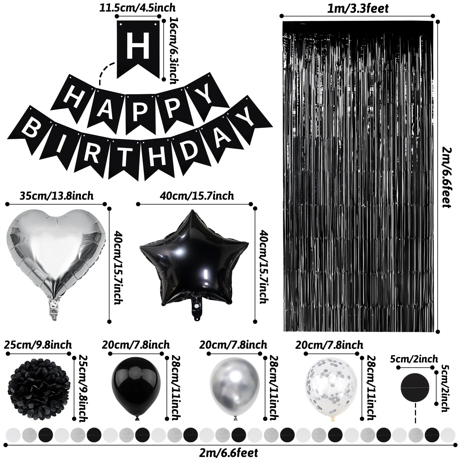 ZERODECO Black White Birthday Party Decorations Kit - Banner, Pompoms, Balloons, Arch Strip, Fringe Curtains