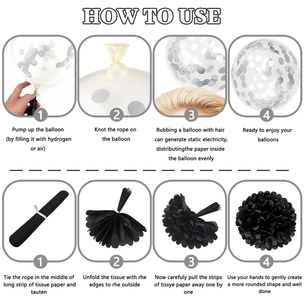 ZERODECO Black White Birthday Party Decorations Kit - Banner, Pompoms, Balloons, Arch Strip, Fringe Curtains