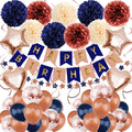 ZERODECO Navy Blue & Rose Gold Birthday Party Decorations Kit – Banner, Pompoms, Balloons for Any Age