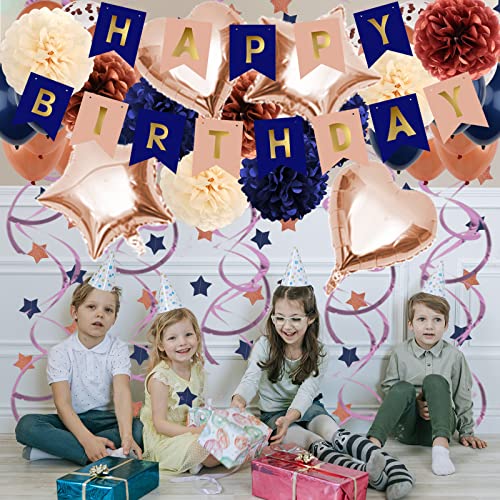 ZERODECO Navy Blue & Rose Gold Birthday Party Decorations Kit – Banner, Pompoms, Balloons for Any Age