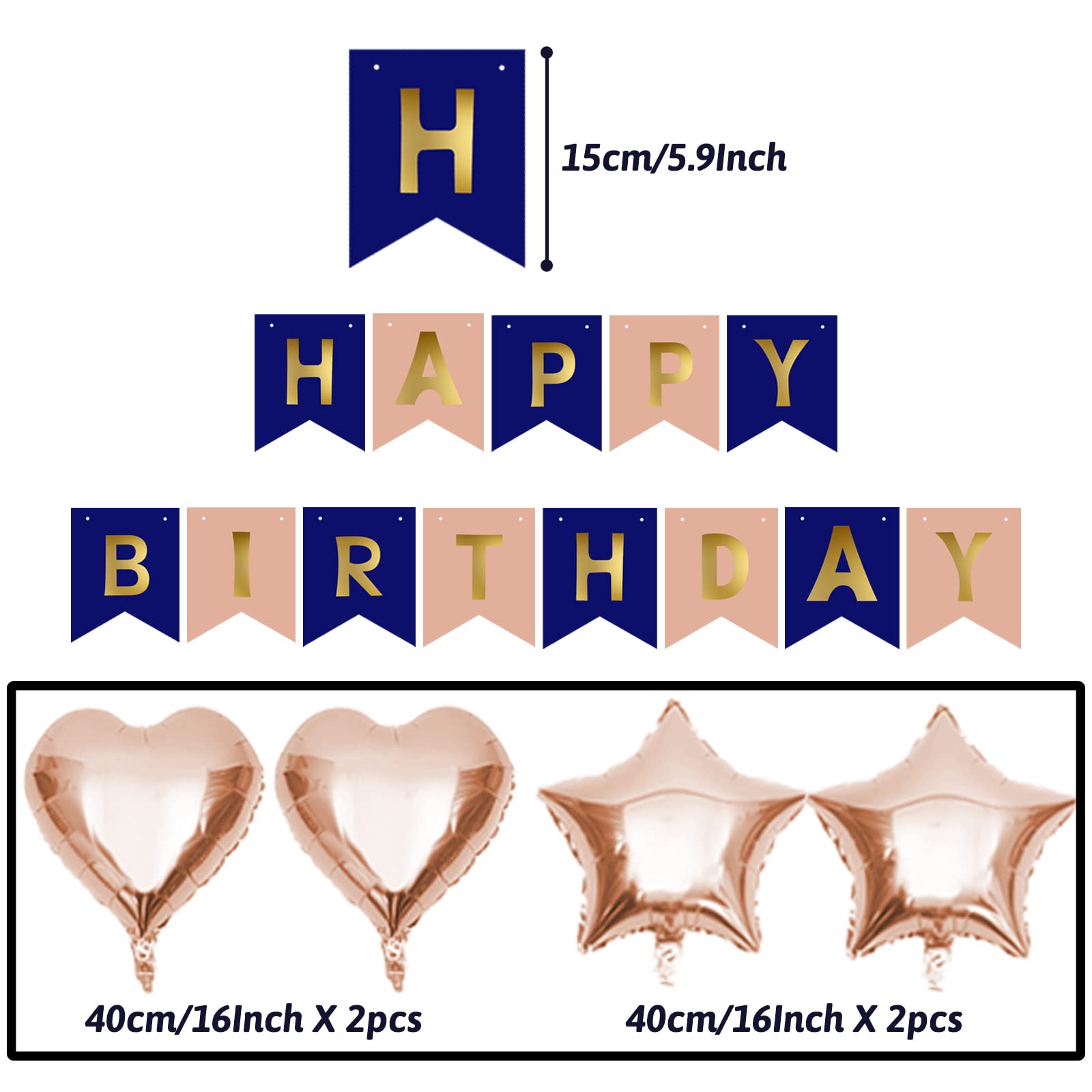 ZERODECO Navy Blue & Rose Gold Birthday Party Decorations Kit – Banner, Pompoms, Balloons for Any Age