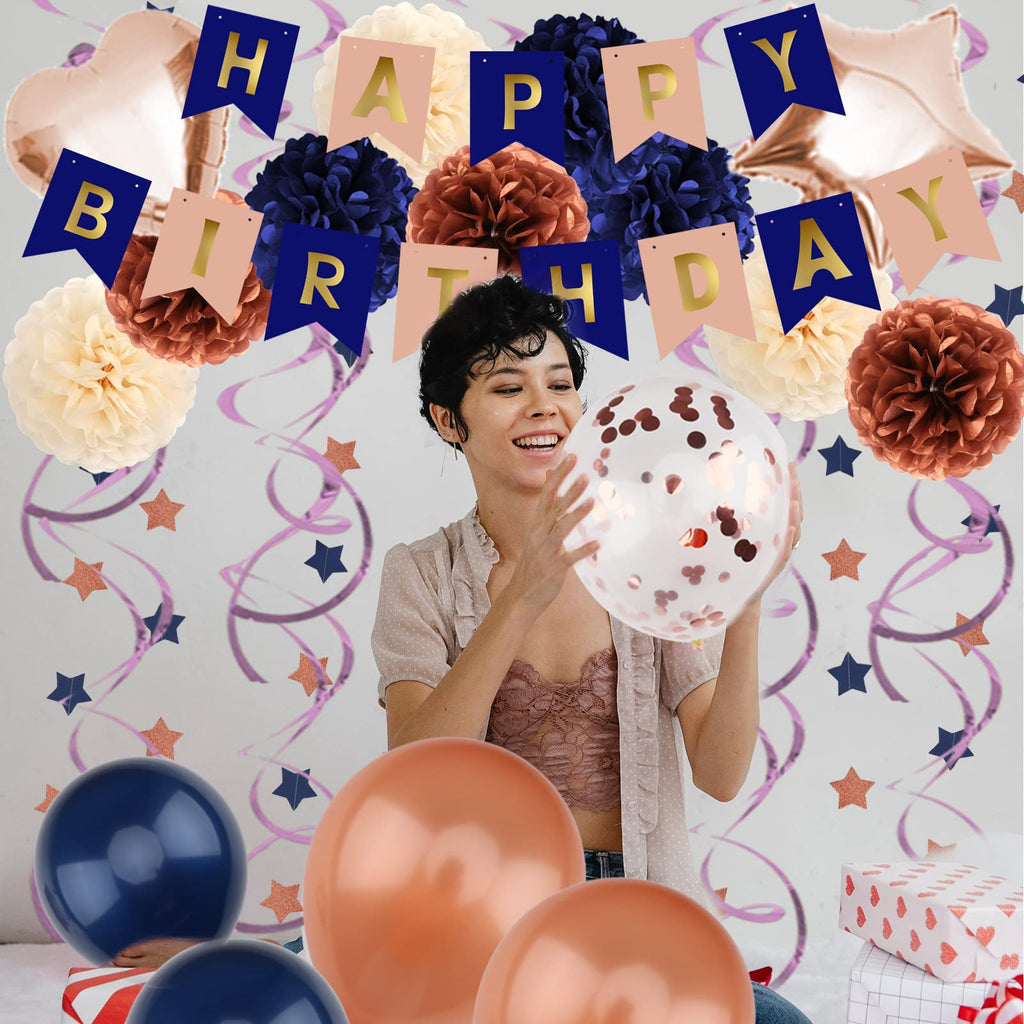 ZERODECO Navy Blue & Rose Gold Birthday Party Decorations Kit – Banner, Pompoms, Balloons for Any Age