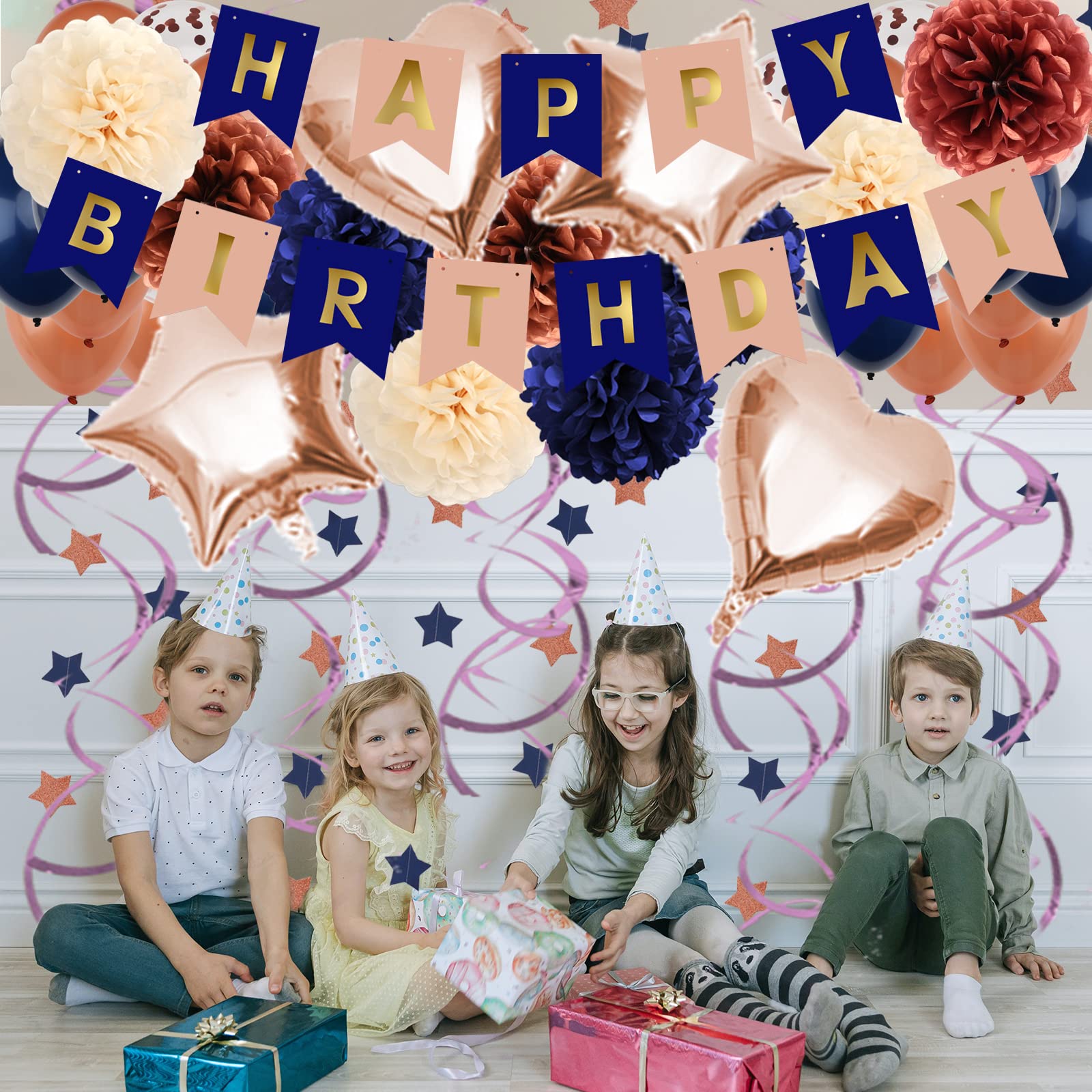 ZERODECO Navy Blue & Rose Gold Birthday Party Decorations Kit – Banner, Pompoms, Balloons for Any Age