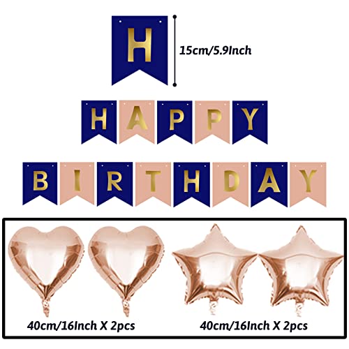 ZERODECO Navy Blue & Rose Gold Birthday Party Decorations Kit – Banner, Pompoms, Balloons for Any Age