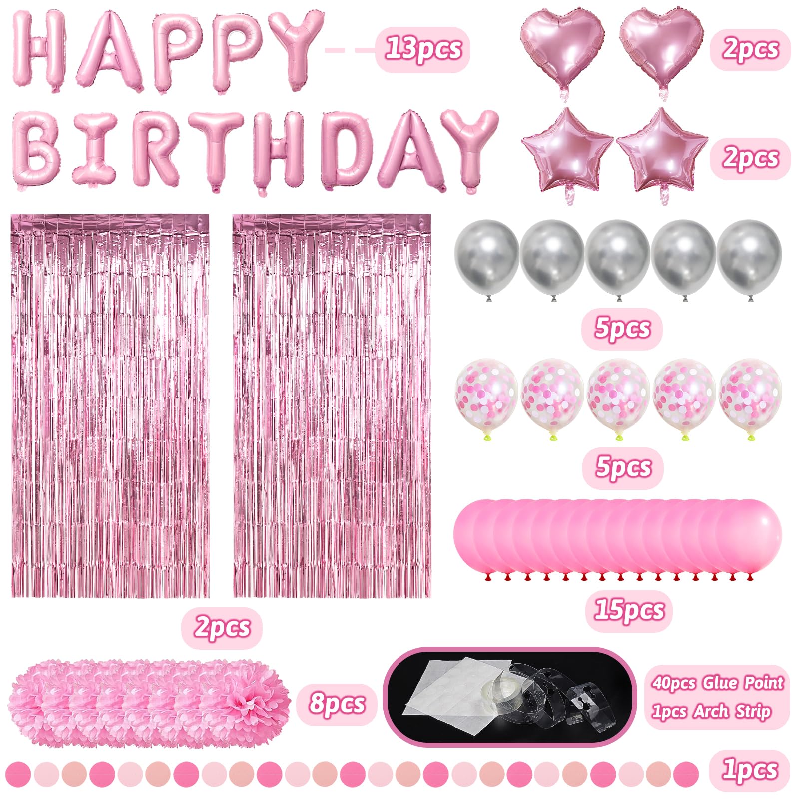ZERODECO Pink Birthday Party Decoration Kit - 45 Pieces Including Banner, Balloons, Pompoms, and Fringe Curtain