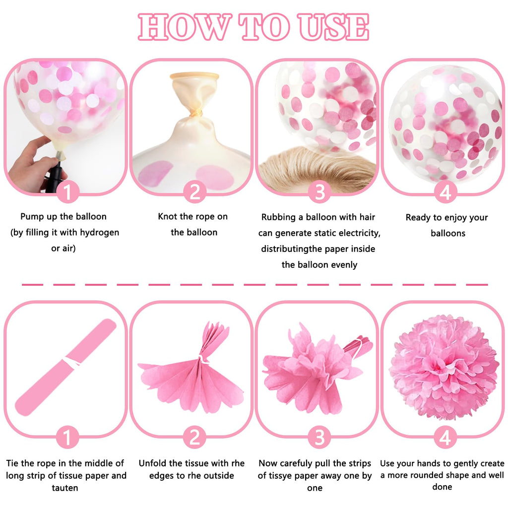 ZERODECO Pink Birthday Party Decoration Kit - 45 Pieces Including Banner, Balloons, Pompoms, and Fringe Curtain