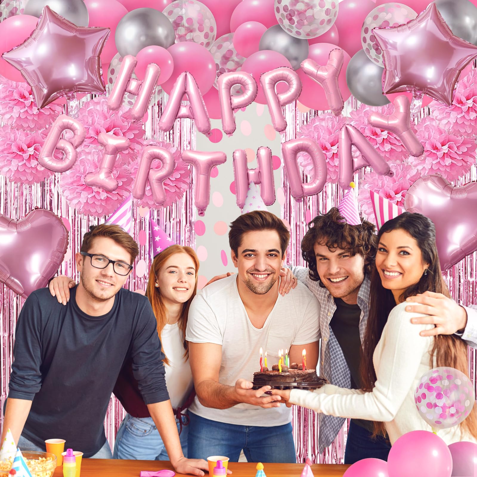 ZERODECO Pink Birthday Party Decoration Kit - 45 Pieces Including Banner, Balloons, Pompoms, and Fringe Curtain