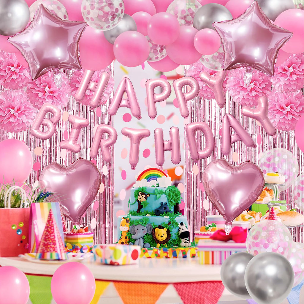 ZERODECO Pink Birthday Party Decoration Kit - 45 Pieces Including Banner, Balloons, Pompoms, and Fringe Curtain