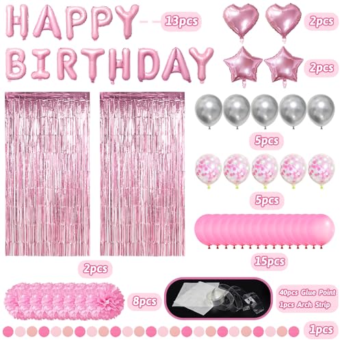 ZERODECO Pink Birthday Party Decoration Kit - 45 Pieces Including Banner, Balloons, Pompoms, and Fringe Curtain