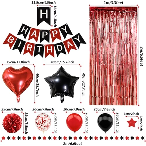 ZERODECO Red Black Birthday Party Decorations Kit – 45 Pieces with Banner, Balloons, Arch Strip, and Fringe Curtains