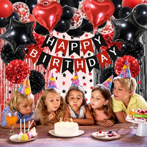 ZERODECO Red Black Birthday Party Decorations Kit – 45 Pieces with Banner, Balloons, Arch Strip, and Fringe Curtains