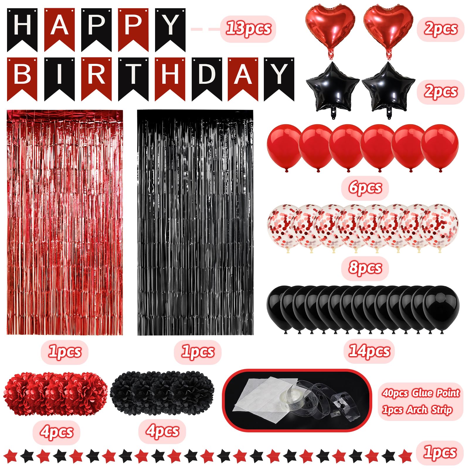 ZERODECO Red Black Birthday Party Decorations Kit – 45 Pieces with Banner, Balloons, Arch Strip, and Fringe Curtains