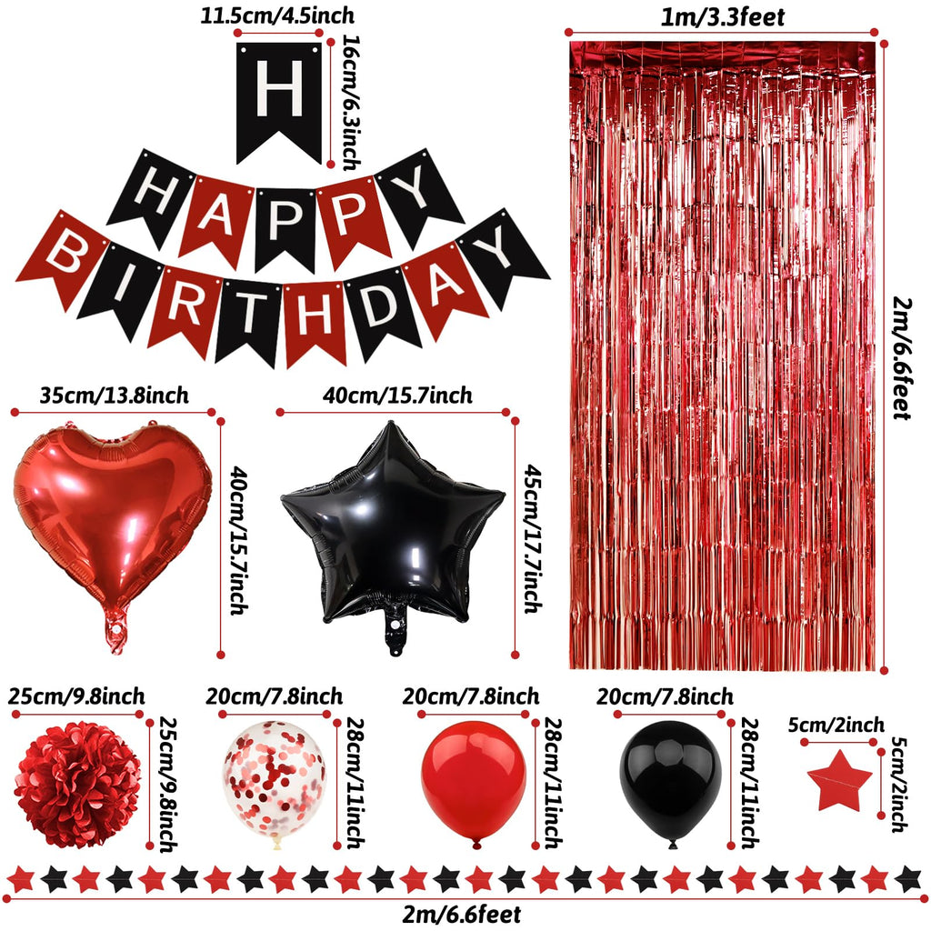 ZERODECO Red Black Birthday Party Decorations Kit – 45 Pieces with Banner, Balloons, Arch Strip, and Fringe Curtains