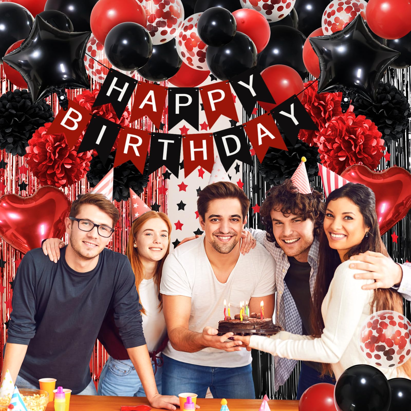 ZERODECO Red Black Birthday Party Decorations Kit – 45 Pieces with Banner, Balloons, Arch Strip, and Fringe Curtains