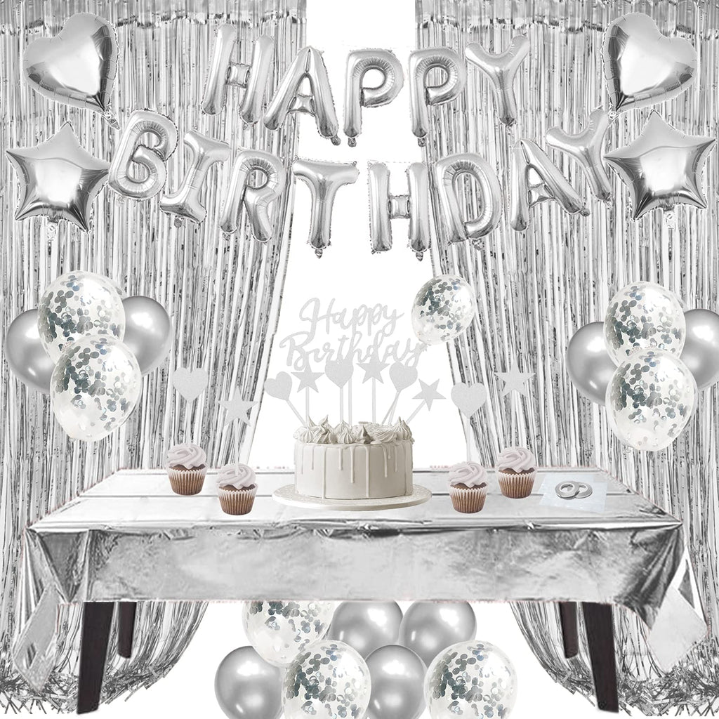 ZERODECO Silver Birthday Decoration Kit – 29-Piece Set with Foil Banner, Tablecloth, Curtains, Balloons & More
