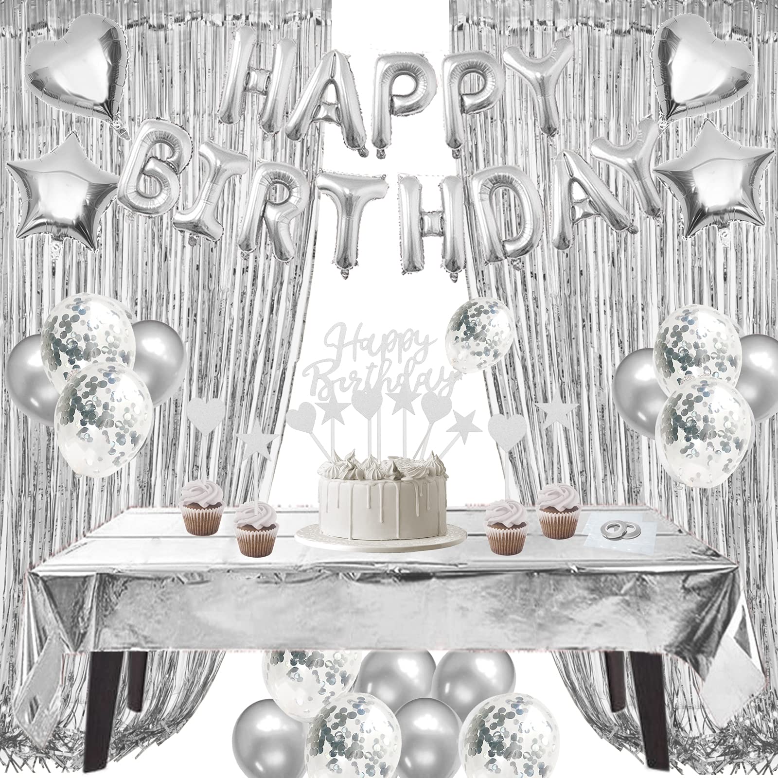 ZERODECO Silver Birthday Decoration Kit – 29-Piece Set with Foil Banner, Tablecloth, Curtains, Balloons & More