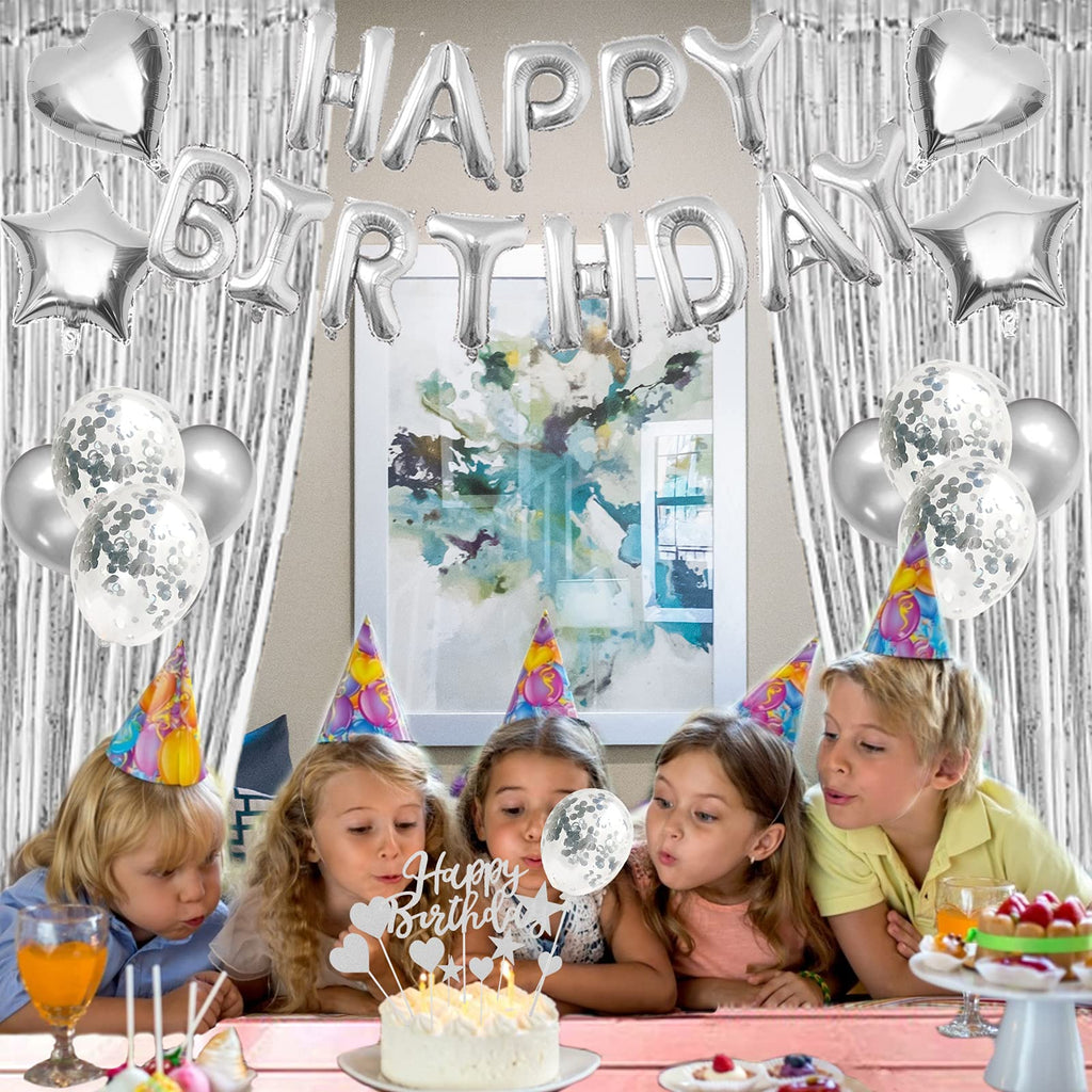ZERODECO Silver Birthday Decoration Kit – 29-Piece Set with Foil Banner, Tablecloth, Curtains, Balloons & More