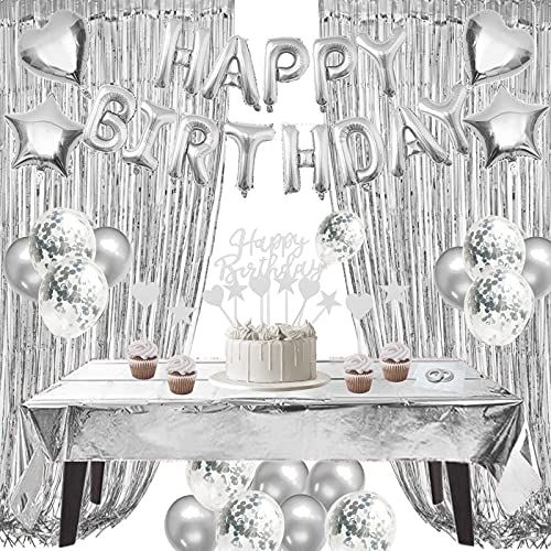 ZERODECO Silver Birthday Decoration Kit – 29-Piece Set with Foil Banner, Tablecloth, Curtains, Balloons & More
