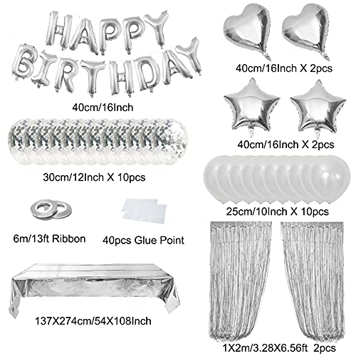 ZERODECO Silver Birthday Decoration Kit – 29-Piece Set with Foil Banner, Tablecloth, Curtains, Balloons & More